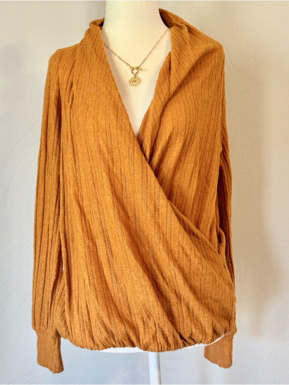 Anthropologie Maeve Orange Rafela Hacci Wrap Top Size XS Ribbed Long Sleeve